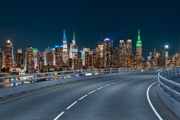 Empty urban asphalt road exterior with city buildings background. New modern highway concrete construction. Concept of way to success. Transportation logistic industry fast delivery. New York. USA.