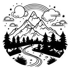 Mountain Vector Outline illustration, Hiking