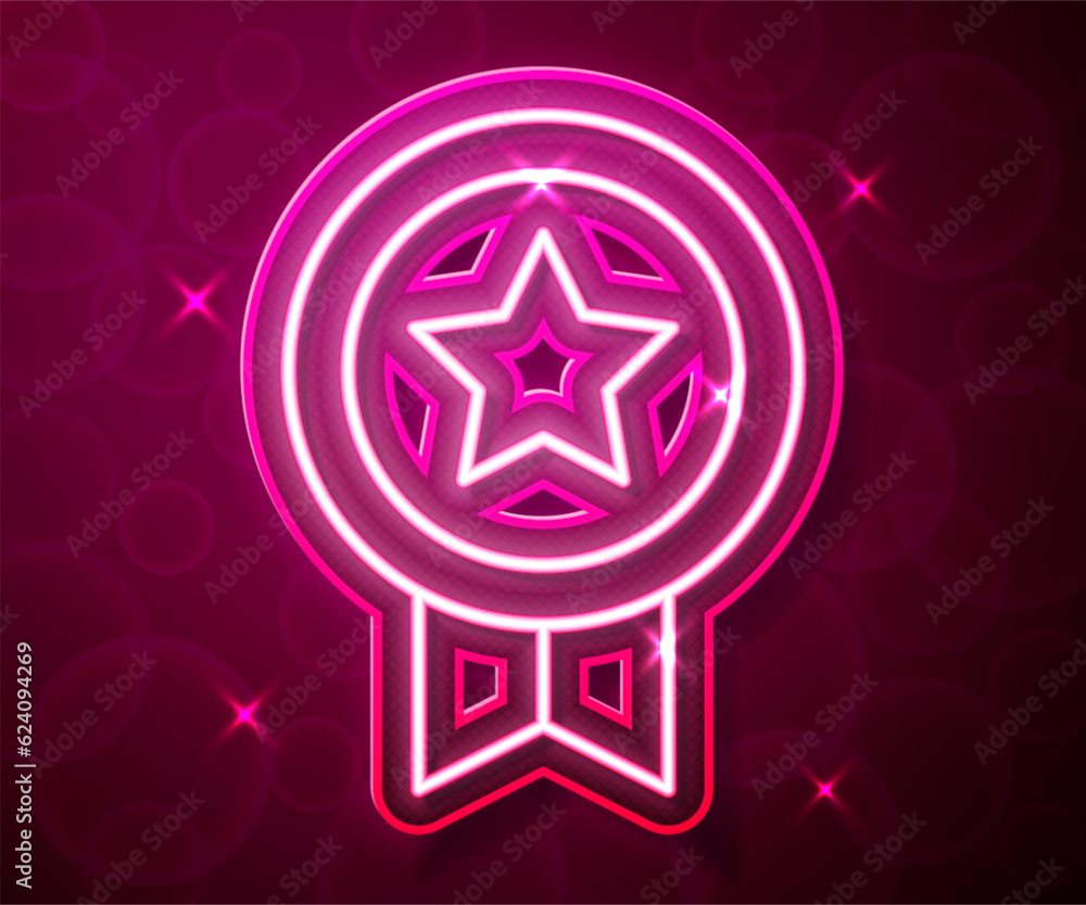 Poster glowing neon line game rating with medal icon isolated on red background. level results for game. ve