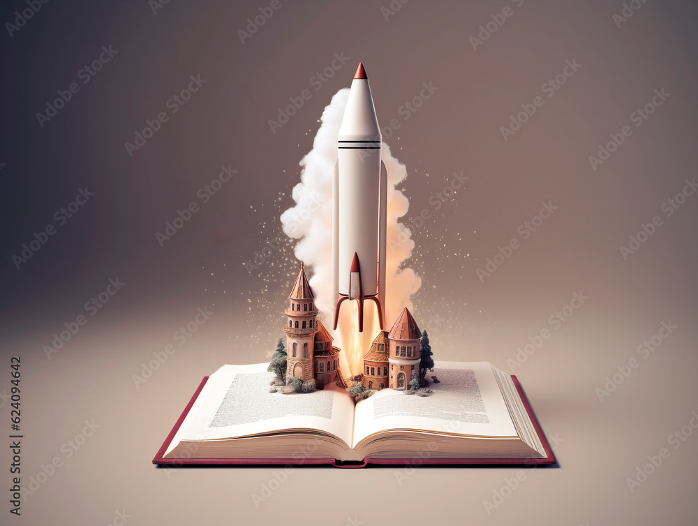 Poster Rocket starts from open book. Spaceship launch from dictionary. Concept of a successful start up of a business. and education. Creative idea. Ai Generative illustration