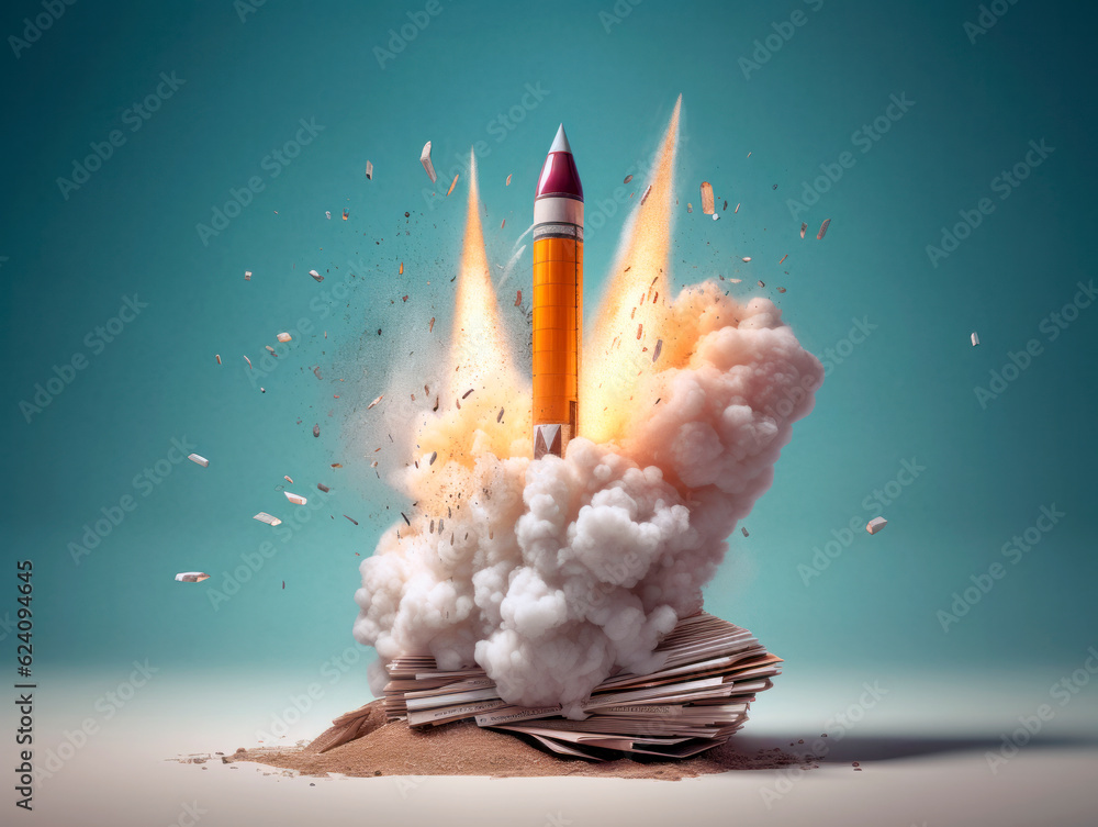 Aufkleber Rocket starts from open book. Spaceship launch from dictionary. Concept of a successful start up of a business. and education. Creative idea. Ai Generative illustration