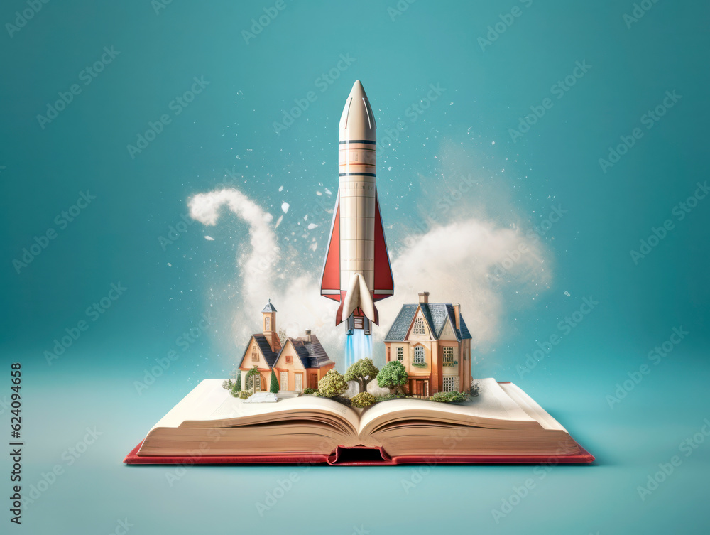 Poster Rocket starts from open book. Spaceship launch from dictionary. Concept of a successful start up of a business. and education. Creative idea. Ai Generative illustration