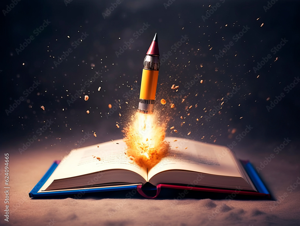 Poster Rocket starts from open book. Spaceship launch from dictionary. Concept of a successful start up of a business. and education. Creative idea. Ai Generative illustration