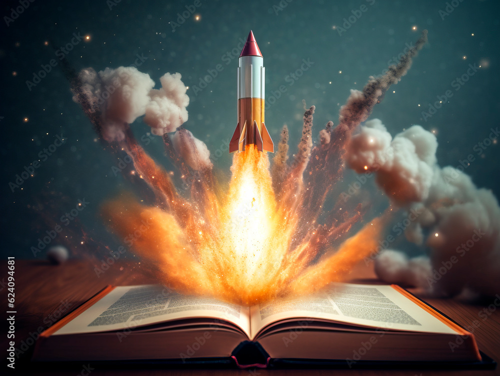 Poster Rocket starts from open book. Spaceship launch from dictionary. Concept of a successful start up of a business. and education. Creative idea. Ai Generative illustration