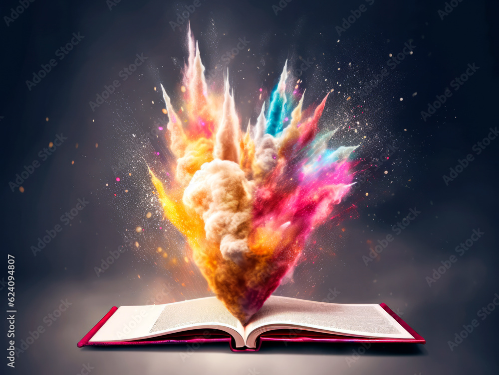 Poster colorful explosion splash from open book. concept of a successful start up of a business. and educat