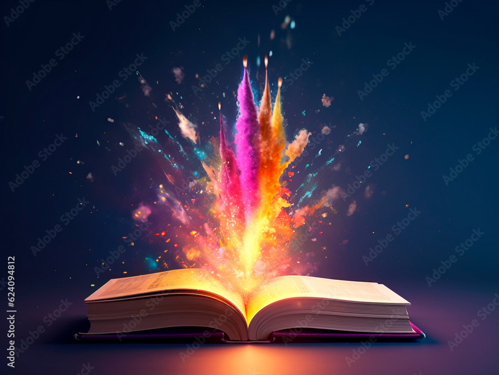 Poster colorful explosion splash from open book. concept of a successful start up of a business. and educat
