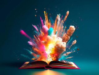Colorful explosion splash from open book. Concept of a successful start up of a business. and education. Creative idea. Ai Generative illustration