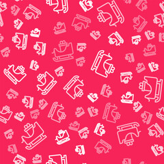 White line Christmas santa claus sleigh with sack bag icon isolated seamless pattern on red background. Merry Christmas and Happy New Year. Vector