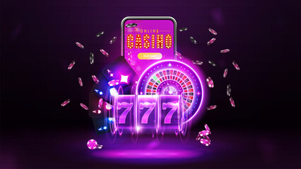 Online casino, banner with smartphone, purple neon slot machine, neon casino roulette, playing cards and poker chips