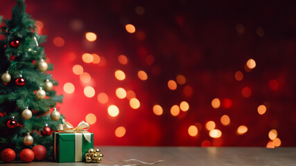 Fototapeta na wymiar Weihnachtsbaum geschmückt mit Geschenken und Glitzerhintergund als Druckkvorlage und Grußkarten, ai generativ