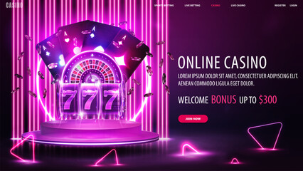 Online casino, banner with purple neon casino roulette, slot machine, neon playing cards and poker chips on purple podium in scene with line neon pink wall