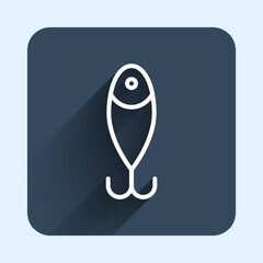 White line Fishing lure icon isolated with long shadow background. Fishing tackle. Blue square button. Vector
