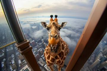 A giraffe looks into the camera - obrazy, fototapety, plakaty