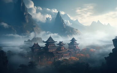 Obraz premium Chinese ancient architecture on the mountains,created with Generative AI tecnology.