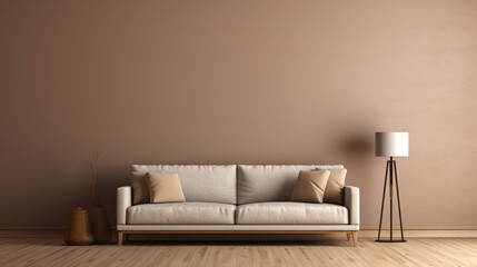 Modern living room interior with sofa, brown landscape background.