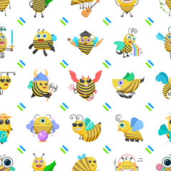 Seamless Pattern Abstract Elements Different Bee Insect Beetle With Flower Vector Design Style Background Illustration Texture For Prints Textiles, Clothing, Gift Wrap, Wallpaper, Pastel