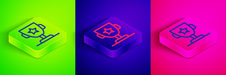 Isometric line Award cup icon isolated on green, blue and pink background. Winner trophy symbol. Championship or competition trophy. Sports achievement sign. Square button. Vector