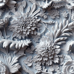 Fototapeta na wymiar 3d black and white floral botanical flowers. Spring leaf art. Seamless background pattern. Fabric wallpaper print texture. Tiled. Ai Generative illustration.
