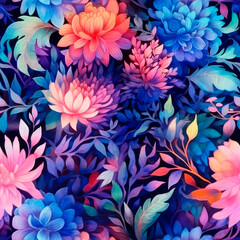 Fototapeta na wymiar Watercolor colorful floral botanical flowers. Spring leaf art. Seamless background pattern. Fabric wallpaper print texture. Tiled. Ai Generative illustration.