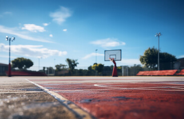 Empty sunlit basketball court in city park on hot sunny day under blue zenith sky. Bright sun in the sky. Sports, lifestyle, leisure activity concept
