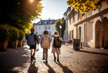 Three little school students, two boys and the girl, go in an embrace to school. Children's friendship. Serene spring day. View from a back.
