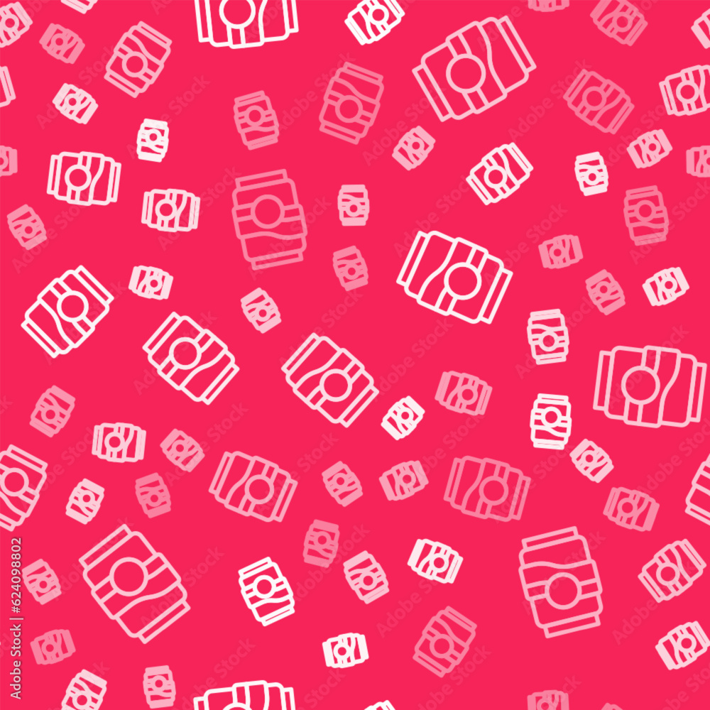 Poster white line soda can icon isolated seamless pattern on red background. vector
