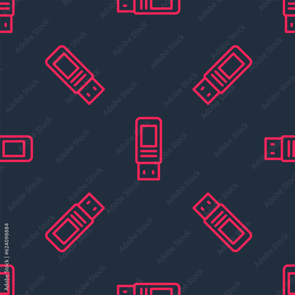 Poster red line usb flash drive icon isolated seamless pattern on black background. vector