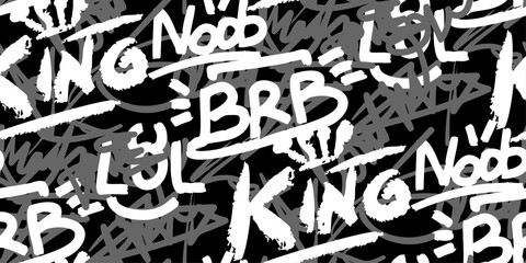 Graffiti seamless pattern, monochrome black and white with tag lettering abstract