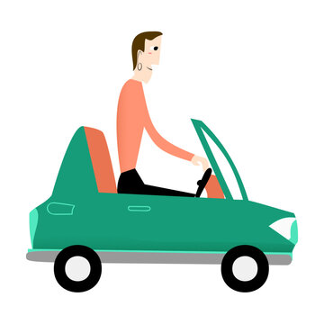 A father man is driving a car. Modern mid-century classic cartoon illustration style.