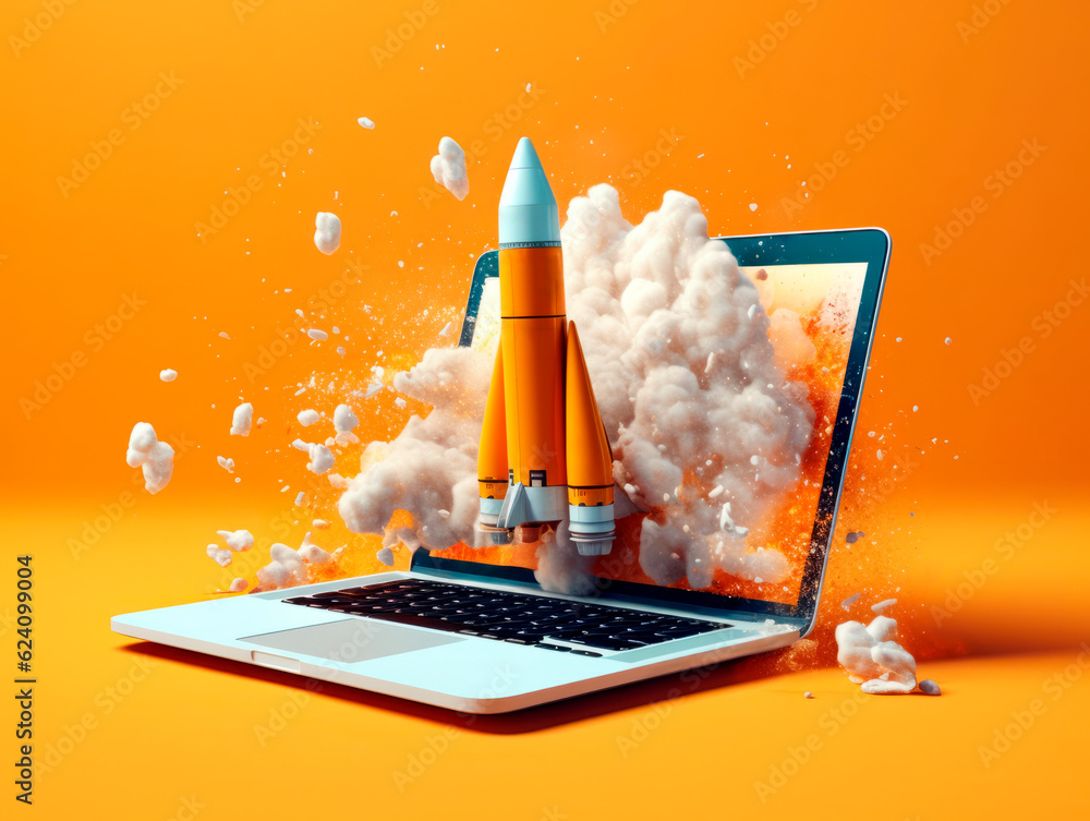 Aufkleber Rocket starts from computer device screen. Spaceship launch from Laptop. Concept of a successful start up of a business. Creative idea, education online. Ai Generative illustration