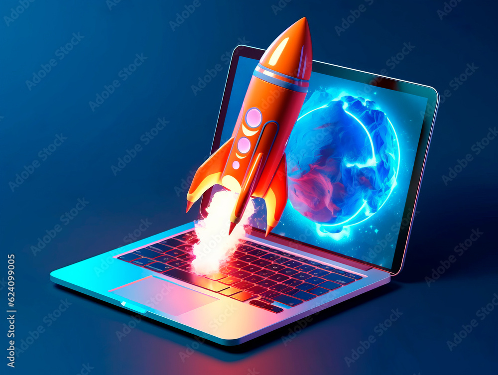 Aufkleber Rocket starts from computer device screen. Spaceship launch from Laptop. Concept of a successful start up of a business. Creative idea, education online. Ai Generative illustration