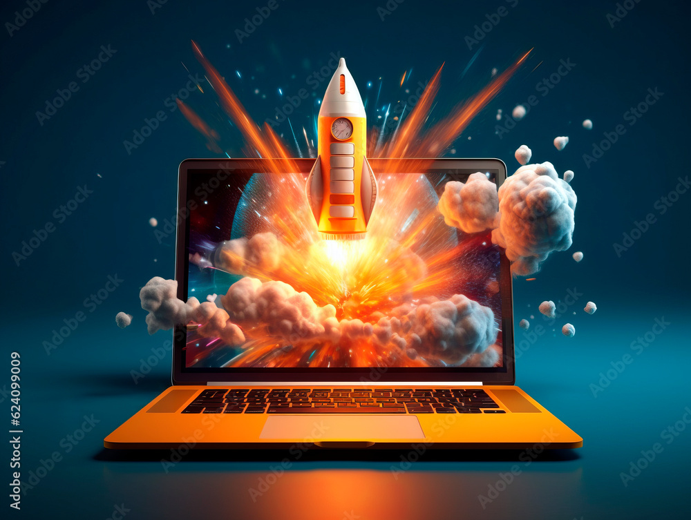 Aufkleber Rocket starts from computer device screen. Spaceship launch from Laptop. Concept of a successful start up of a business. Creative idea, education online. Ai Generative illustration