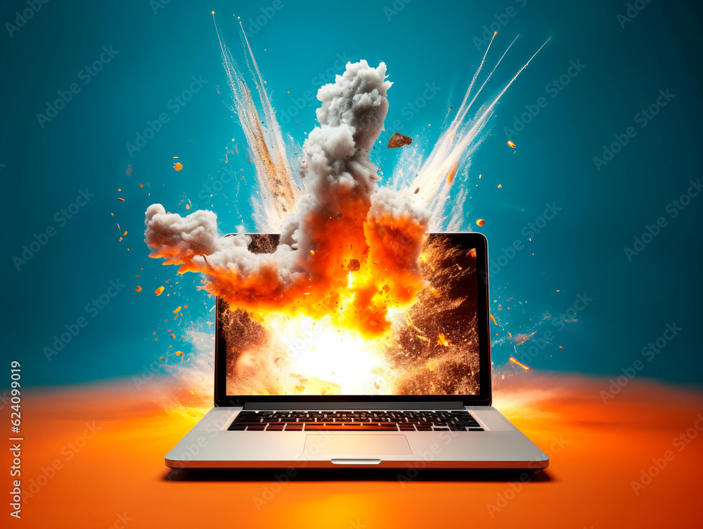 Poster Explosion starts from computer device screen. Launch of new business idea from Laptop. Concept of a successful start up of a business. Education online. Ai Generative illustration