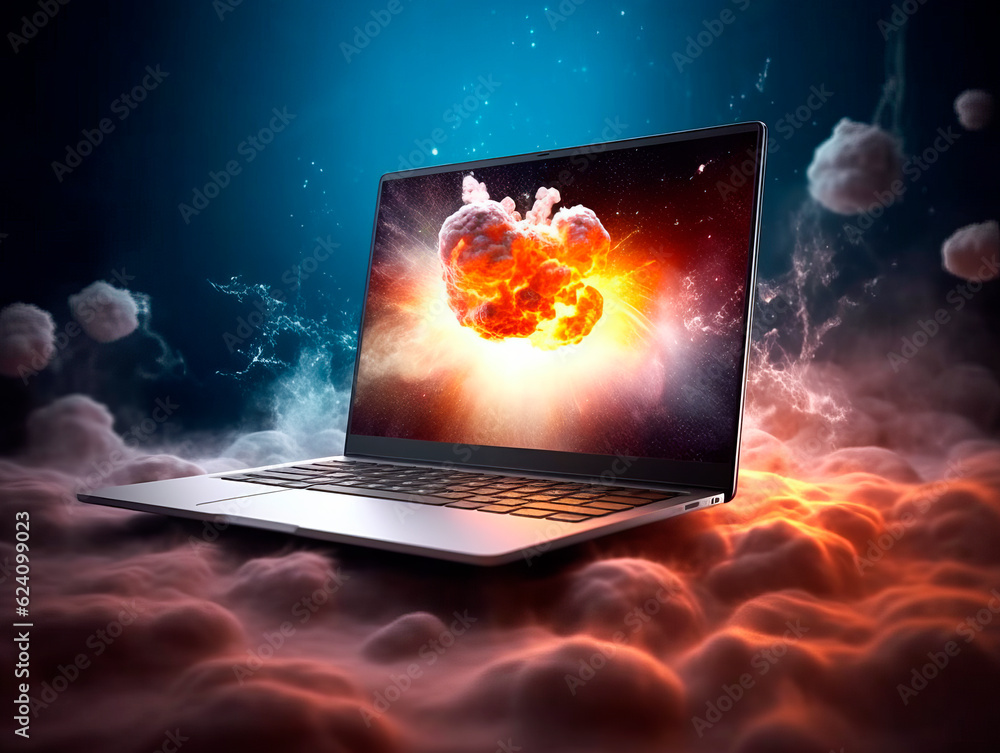 Aufkleber Explosion starts from computer device screen. Launch of new business idea from Laptop. Concept of a successful start up of a business. Education online. Ai Generative illustration