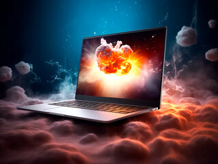 Explosion starts from computer device screen. Launch of new business idea from Laptop. Concept of a successful start up of a business. Education online. Ai Generative illustration