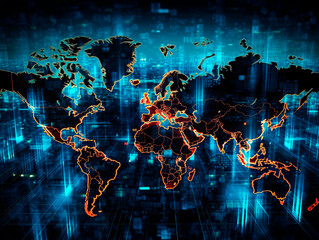 Fototapeta na wymiar Digital world map background, earth network. Worldmap in neon light blue display screen, worldwide connection and telecommunication technology. Ai generative illustration
