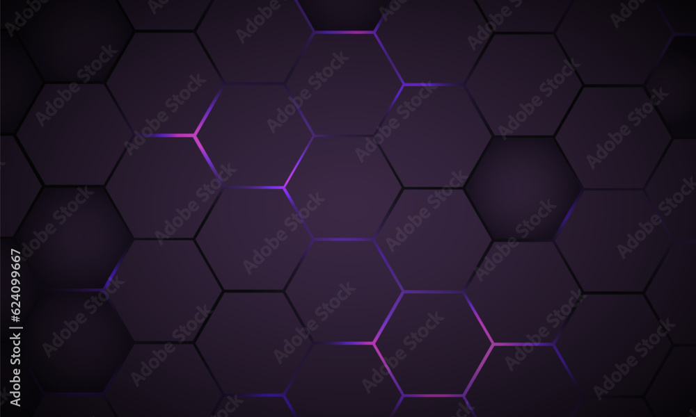 Poster dark violet hexagon gaming technology abstract background with purple and pink colored bright flashe