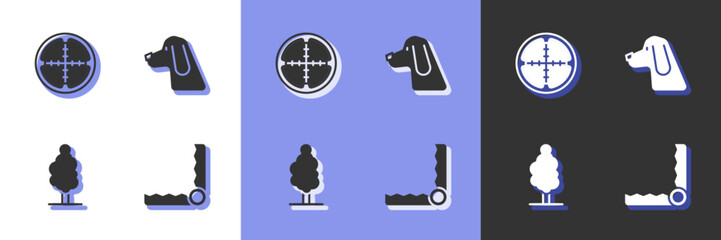 Set Trap hunting, Sniper optical sight, Tree and Hunting dog icon. Vector