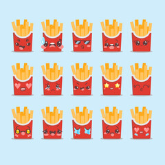 Colored packs of french fries in cartoon style with emotions
