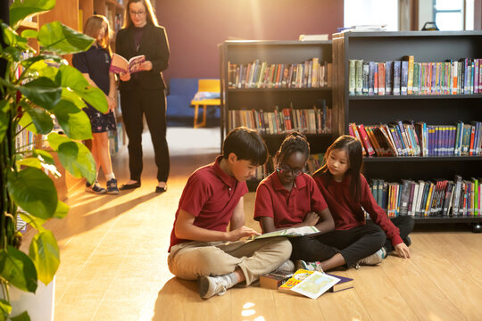 Elementary school students sitting in the library reading a book