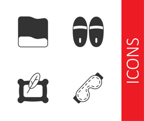 Set Eye sleep mask, Pillow, and Slippers icon. Vector
