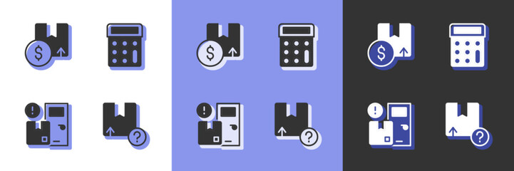 Set Carton cardboard box, Home delivery services and Calculator icon. Vector