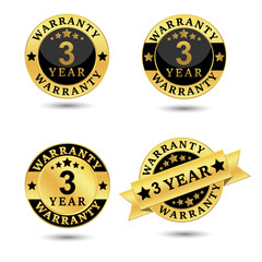 Collection of warranty 3 year label badge gold and black style, Set of warranty isolated on white background, Vector illustration.