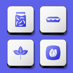 Set Pickled cucumbers in a jar, Homemade pie, Leaf and icon. White square button. Vector
