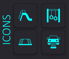 Set Swing car, Slide playground, Gymnastic rings and Monkey bar icon. Black square button. Vector