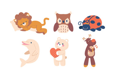 Set Plush Toys Lion, Owl, Rabbit And Lady Bug, Bear With Heart And Dolphin with Deer. Cute Baby Toys Isolated On White