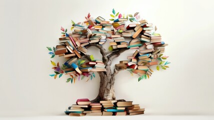 International literacy day concept with tree with books like leaves. Literacy, education, knowledge concept with color books on tree on white background - obrazy, fototapety, plakaty