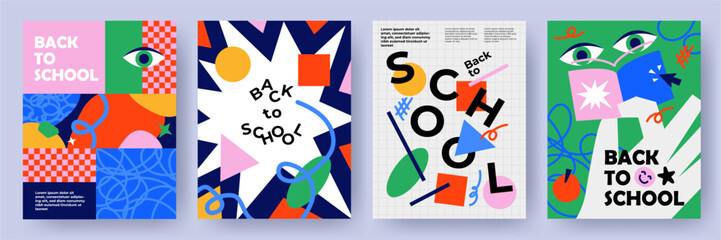 Posters or covers set in trendy doodle style with geometric shapes, bold design elements and modern typography. Back to school, college, education, study concept. Templates for ads, branding, banner