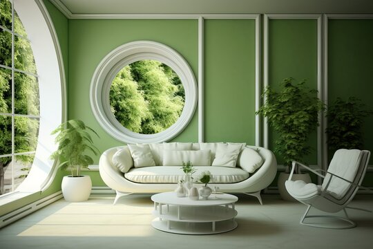 Modern Futuristic Eco-friendly Home Interior Design In Green Ad White Colors With Biophilic Design Elements. Modern Living Room Interior Biophilic Design Apartment