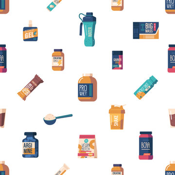 Seamless Pattern Featuring Vibrant Sports Nutrition, Such As Protein Shakes, And Energy Bars Cartoon Vector Illustration